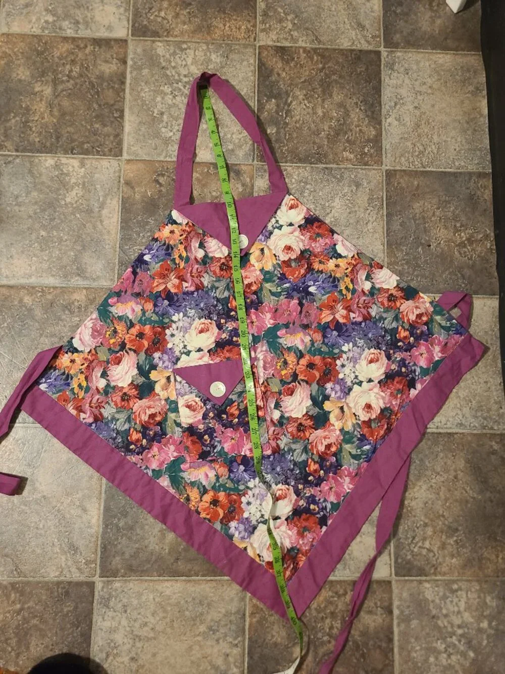 Vintage Handmade Colorful Purple Button Floral Apron Artist Baking Cottagecore